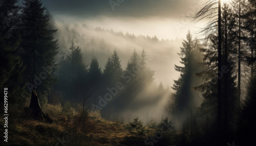 Tranquil scene of coniferous trees in foggy wilderness  autumn beauty generated by AI