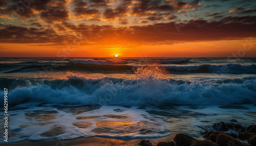 Tranquil seascape reflects beauty in nature with orange sunset sky generated by AI © djvstock