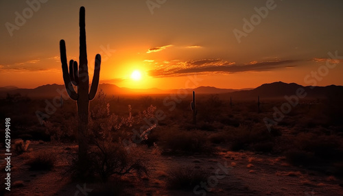 Silhouette of Saguaro Cactus in Arid Climate Back Lit by Sunset generated by AI © djvstock