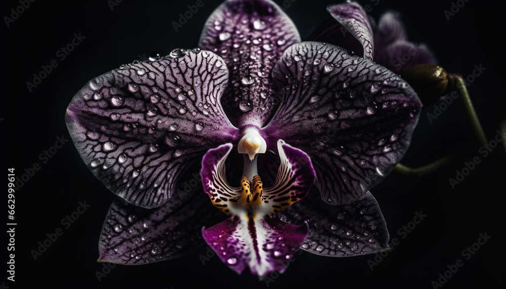 Exotic moth orchid blossom in purple elegance on black background generated by AI Exotic moth orchid blossom in purple elegance on black background generated by AI