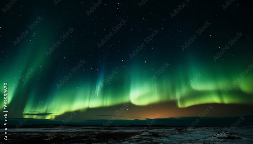 Majestic mountain range illuminated by vibrant aurora polaris glow generated by AI
