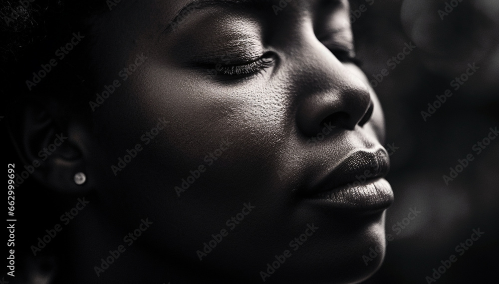 Beautiful young African woman smiling, looking at camera with elegance generated by AI Beautiful young African woman smiling, looking at camera with elegance generated by AI