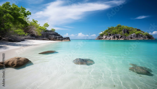 Idyllic Caribbean coastline, tranquil waters edge, palm tree paradise generated by AI