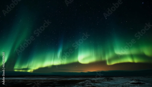 Majestic mountain range illuminated by vibrant aurora polaris glow generated by AI