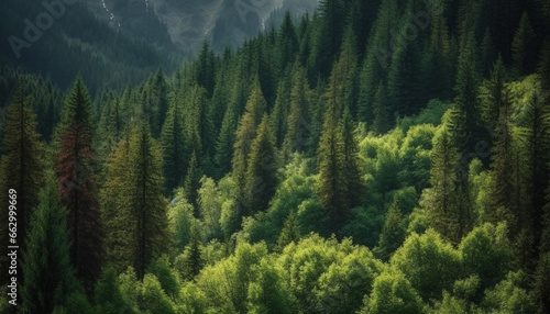 Tranquil scene of majestic mountain range in evergreen wilderness area generated by AI