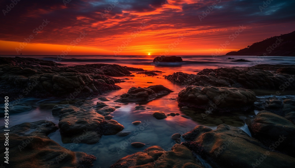 Obraz premium Tranquil sunset over idyllic waters, a natural beauty in nature generated by AI
