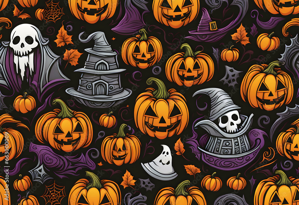 Halloween theme line art doodle cartoon pattern seamless illustration background, Halloween theme line art doodle cartoon pattern seamless illustration background,