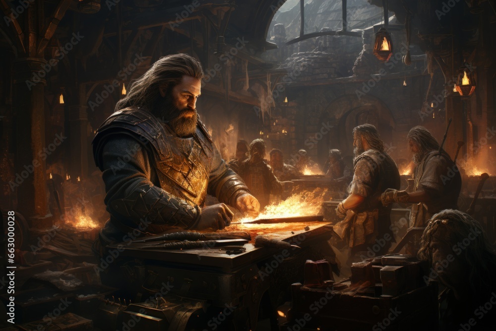Loyal dwarven blacksmiths crafting mighty weapons - Generative AI - obrazy, fototapety, plakaty 