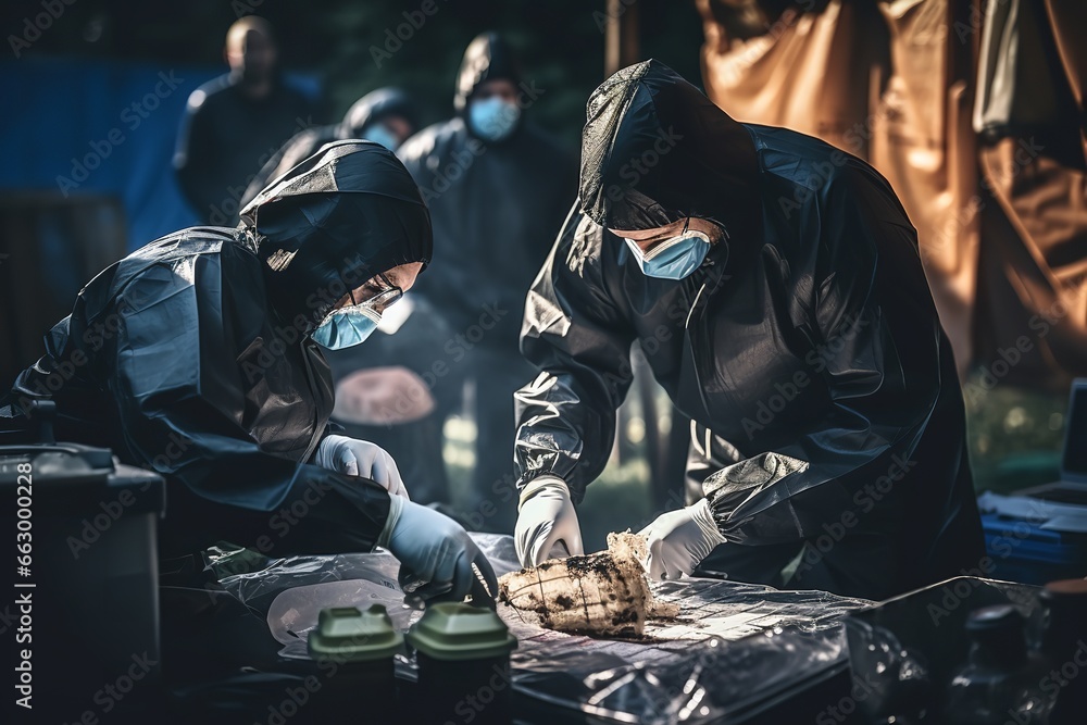 Forensics Specialists Starting to Pack Evidence on Crime Scene After a Tragic Ending of a Violent Gun Fire Exchange Between Gang Members. 