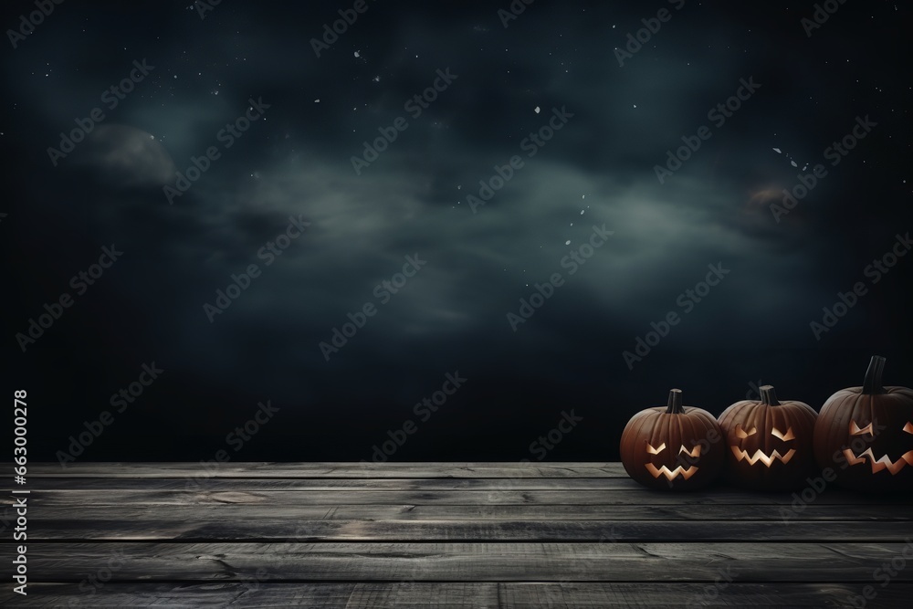 halloween background. close up of empty old empty wooden table over dark sky and moon in halloween