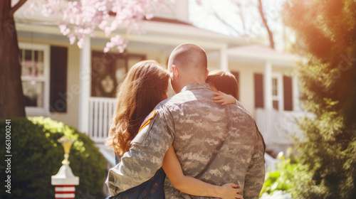 A male veteran soldier in military uniform hugs his wife and little child while standing in front of their house. The concept of a emotional military happy homecoming. Sunny day