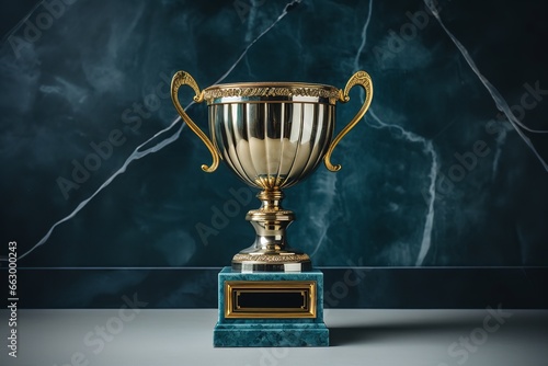 gold trophy in front of dark surface, in the style of light sky-blue and dark green, selective focus, solapunk, webcore, manapunk, blue and white glaze, quantumpunk photo