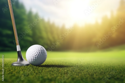 Golf ball and golf club with fairway green background. Sport and athletic concept. 3D illustration rendering