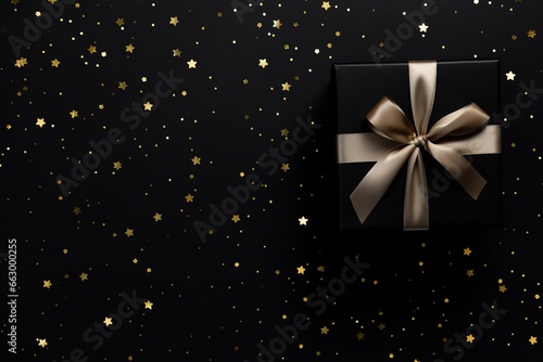 gift black ribbon box on black background, flat lay copy space present box, © Nate