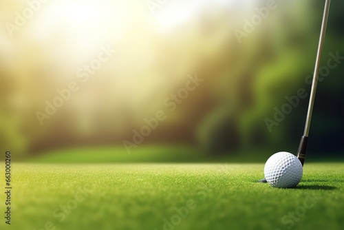 Golf ball and golf club with fairway green background. Sport and athletic concept. 3D illustration rendering photo