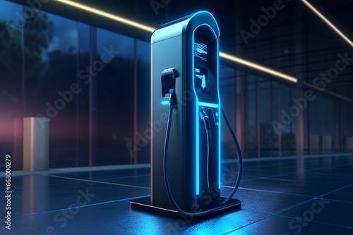 High-speed charging station for electric vehicles at home garage with blue energy battery charger. Fuel power and transportation industry concept. 3D illustration rendering photo