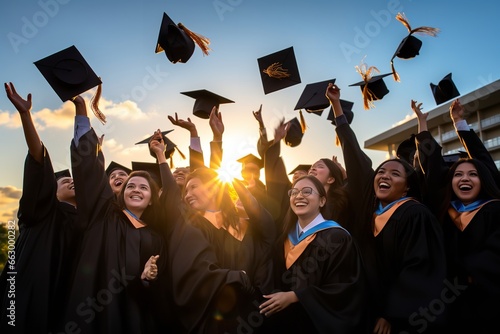 In this vibrant photo, a group of graduates stands together against a backdrop of a breathtakingly bright and clear sky. 