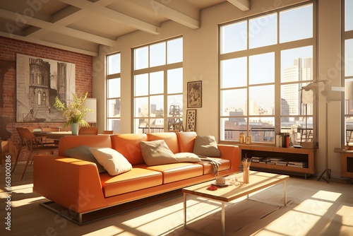Interior renderings,simple style,living room,warm colors,fabric,warmth, home,sunshine,freshness,  © Nate