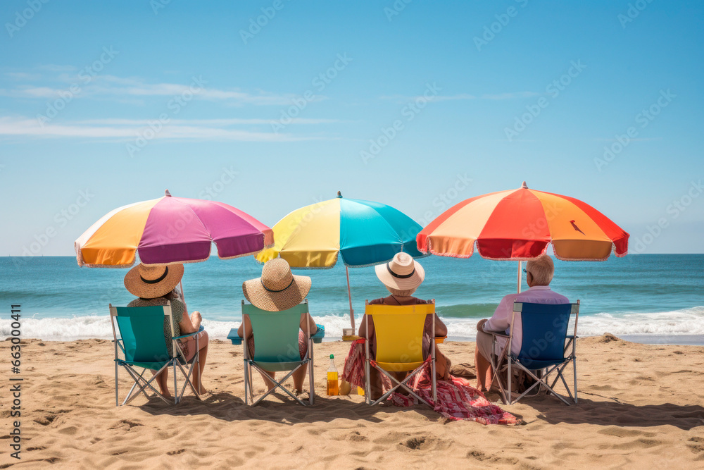 Elderly tourists under colorful umbrella sitting in deck chairs on a beach. Generative AI content.