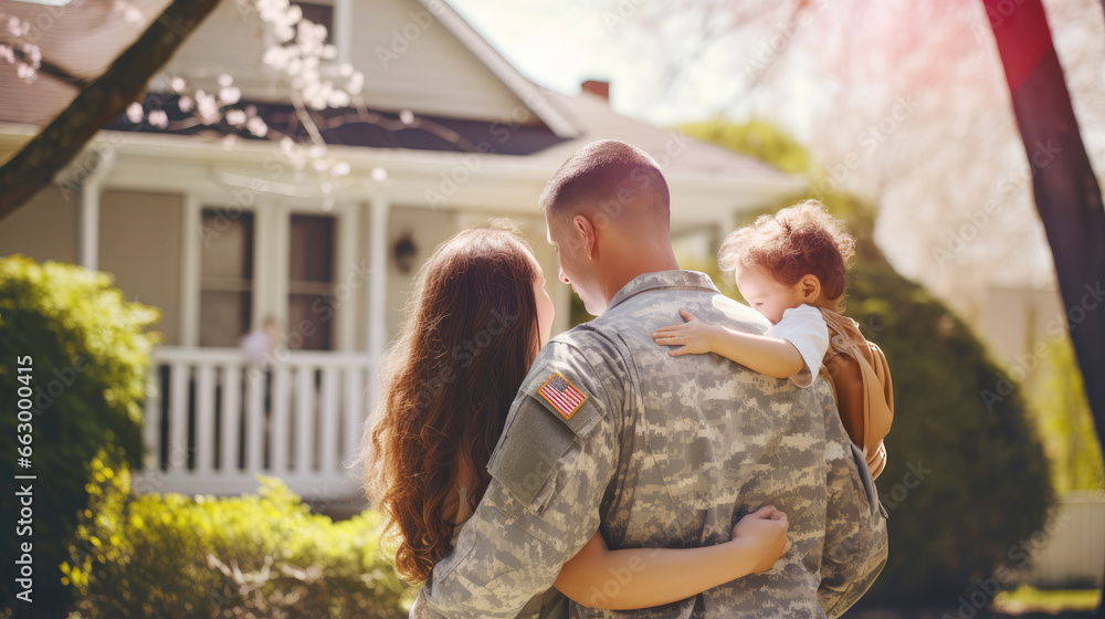 A male veteran american soldier in military uniform hugs his wife and little daughter while standing in front of their house. The concept of a emotional military happy homecoming. Sunny day - obrazy, fototapety, plakaty 