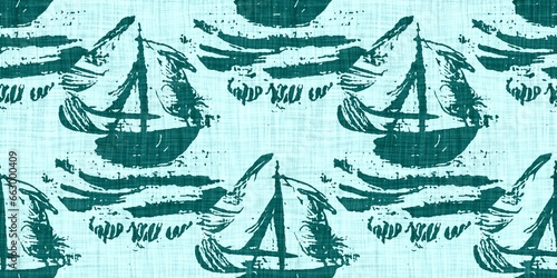 Teal green white vibrant watercolor batik azulejos tile border banner background. Seamless aqua coastal blur linen effect geometric mosaic effect.Boho Patchwork nautical masculine summer ribbon trim. 