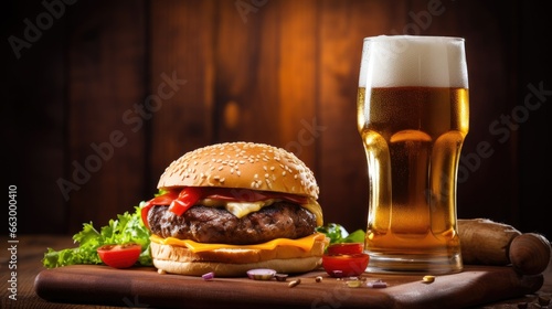 delicious hamburger with a beer on a wood background