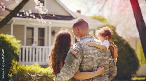 A male veteran american soldier in military uniform hugs his wife and little daughter while standing in front of their house. The concept of a emotional military happy homecoming. Sunny day