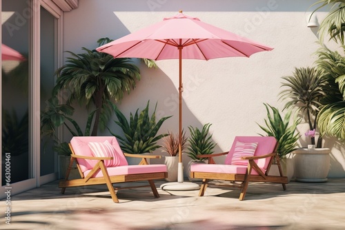 Outdoor space with plants  tiled floor  umbrella  and pink chairs. 3D rendering depicting a summer vibe. Generative AI