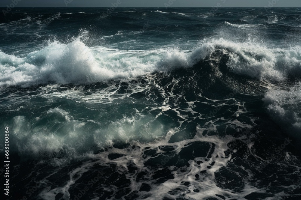 An artistic depiction of a turbulent ocean characterized by spontaneity and intensity. Generative AI