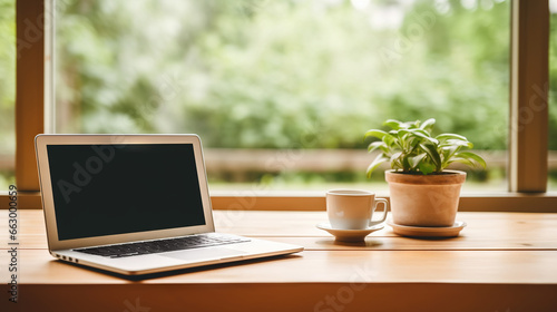Wooden Table Featuring Laptop, Blank Screen, Warm Coffee, and Soft Plant Background Blur. Perfect Fusion of Digital Potential and Natural Harmony. Manually Modified Generative AI © Paul