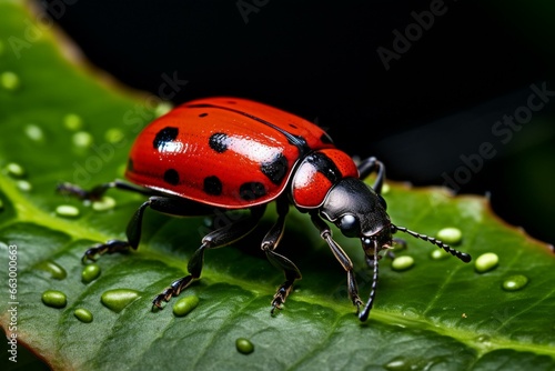 Red beetle on green leaf. Generative AI