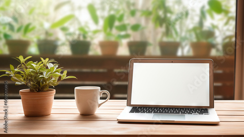Wooden Table Showcasing Laptop Screen, Coffee Cup, and Enchanting Blurred Plant Backdrop. Seamless Integration of Nature and Digital Ambiance. Manually Modified Generative AI © Paul