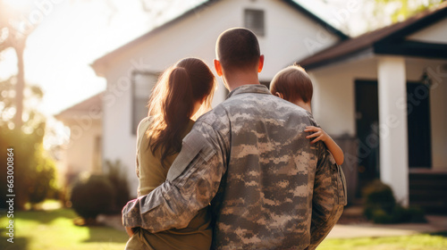 A male veteran american soldier in military uniform hugs his wife and little daughter while standing in front of their house. The concept of a emotional military happy homecoming. Sunny day photo