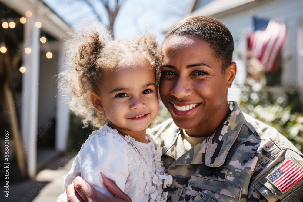 Obraz premium Emotional military homecoming. Portrait of a happy female soldier hugging daughter after returning home from the army. African american military servicewomen reuniting with family after serving