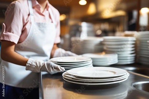 Washing White Dishes. Hands Holding and Cleaning White Plates in Modern Kitchen, Home or Restaurant photo