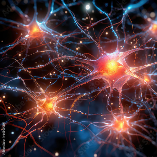 Illustration of a human nerve cell on a dark blue background with light effects. The nerve cell interacts by means of a light pulse. Generative AI