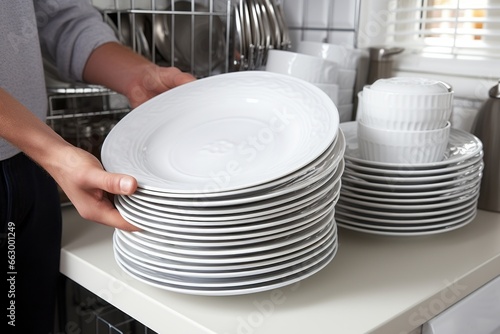 Man Washing Dishes at Home: Hands Holding Clean White Plates in the Kitchen. Lifestyle.