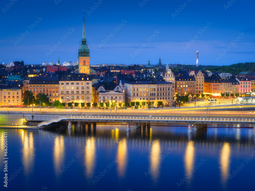 Stockholm, Sweden. Panoramic view of the Gamla Stan. The capital of Sweden. Cityscape during the blue hour. View of the old town in Stockholm. Large resolution photo for background and wallpaper.