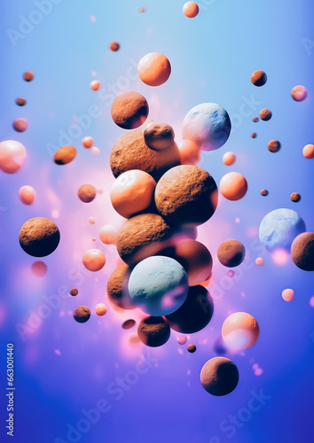 Abstract decoration  unusual food concept. Unusual pastel purple  pink and brown sweet balls. Textured candies that float. Cheerful colors. Pink sweet haze around the orbs. Pastel purple background.