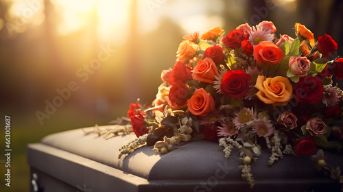A bouquet of flowers on a grave the flowers are a mix of red orance and yellow and arranged in a cascade style. the sun is chining in the background,casting a warm ,golden light on scene coffin photo