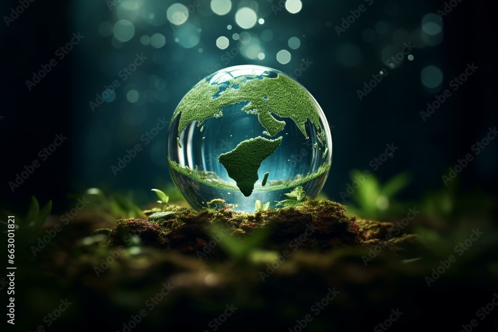 3D illustration of Earth as a water drop in a forest, emphasizing ecology. Generative AI