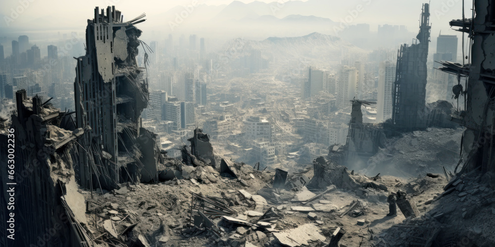 Destroyed city during war, buildings view from top of damaged skyscraper. Apocalyptic scene after missile attack or bombing - obrazy, fototapety, plakaty 