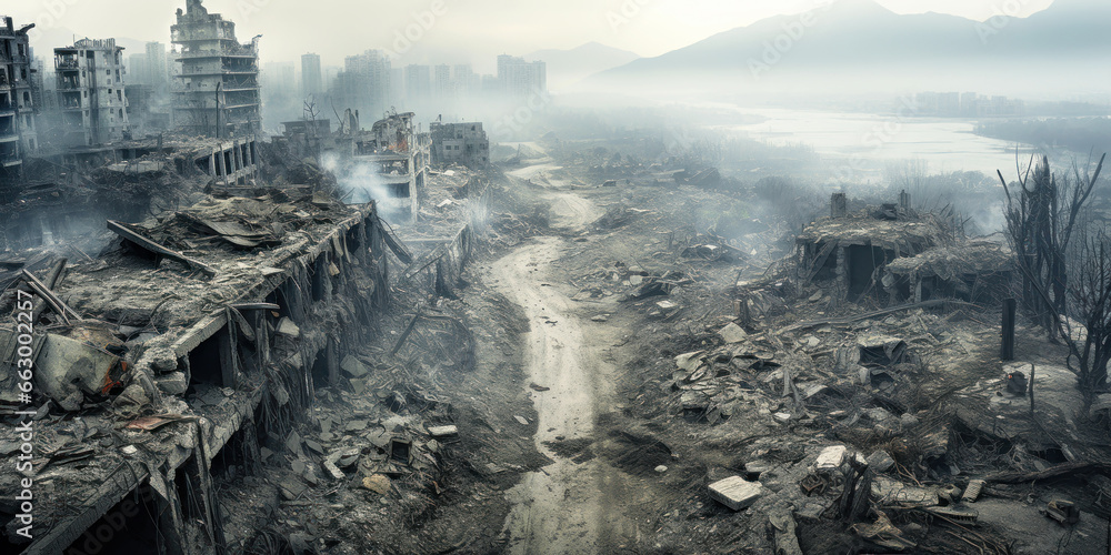 Destroyed city, road between buildings ruins and rubble, urban destructions. Deserted street during war. Concept of wasteland, apocalypse,