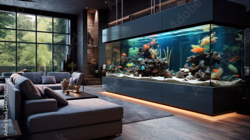 Modern house interior design, luxury aquarium inside villa or mansion. Large contemporary living room. Concept of eco home style photo