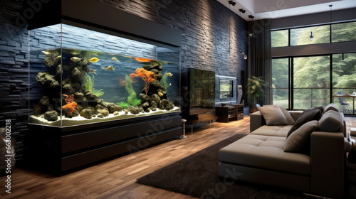 Large aquarium inside modern house, luxury living room interior, dark design. Lounge of contemporary villa or mansion. Concept of eco home style © karina_lo