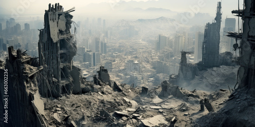 Destroyed city during war, buildings view from top of damaged skyscraper. Apocalyptic scene after missile attack or bombing photo