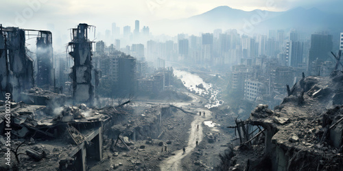Modern city during war, aerial view of destructions and buildings ruins. Apocalyptic panorama of destroyed houses, road and fog photo
