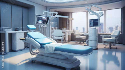 Modern operating room, medical equipment in hospital. Interior of surgical theatre with operating table. Concept of health, medicine