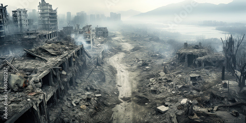 Destroyed city, road between buildings ruins and rubble, urban destructions. Deserted street during war. Concept of wasteland, apocalypse,