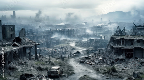 Destroyed city during war, destructions and smoke after missile attack. Panorama of foggy modern buildings ruins as wasteland. Concept of apocalypse